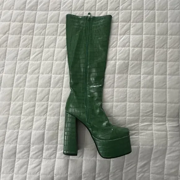 JINGPIN Womens Platform Boots 36 Green Faux Crocodile High Block Heel US 6 Glam - Picture 3 of 16